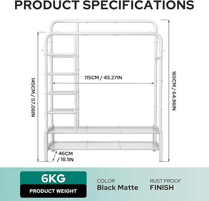Clothes Rack, Double Rods Clothing Rack with 2 Bottom Shelves & 4 Side Shelves, Metal Garment Rack for Hanging Clothes, Heavy Duty Clothes Rack for Bedroom, Laundry, Living Room, White