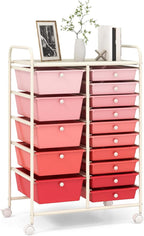 RELAX4LIFE 15-Drawer Storage Drawer Carts - Mobile Rolling Utility Cart w/Wheels, Craft Organizer for Classroom Organization and Storage, School, Office, Home, Storage Organizer Cart (Gradient Pink)