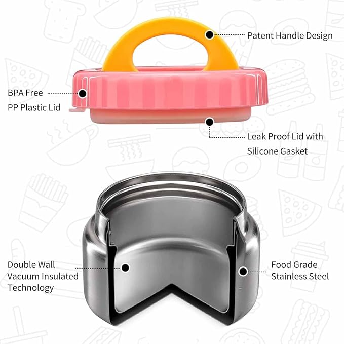 MAISON HUIS 8oz Soup Thermo Wide Mouth Vacuum Insulated Food Jar for Hot&Cold Food, Leak Proof Stainless Steel Kids Lunch Container for School Travel(Pink)