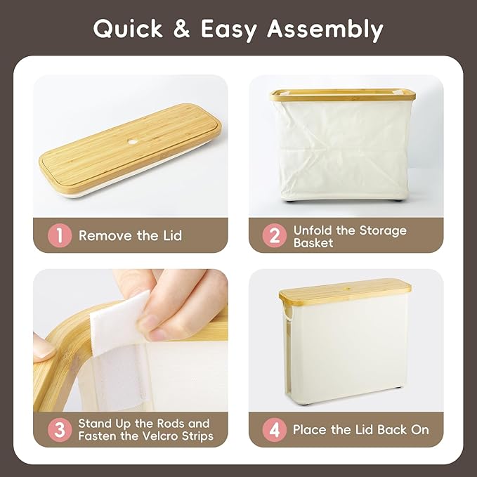 Toilet Paper Storage for Bathroom, Slim Basket Holder with Bamboo Lid, Foldable Organizer with Handle, Freestanding Stand for Small Spaces