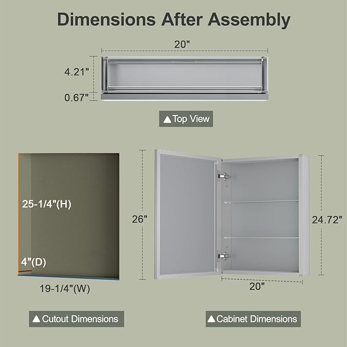 20x26 Inch Beveled Aluminum Medicine Cabinet with Mirror, Assembly Needed, Recessed/Wall Mount, 2 Adjustable Tempered Glass Shelves, Bathrroom Medicine Cabinet, Side Mirror, Reversable Door