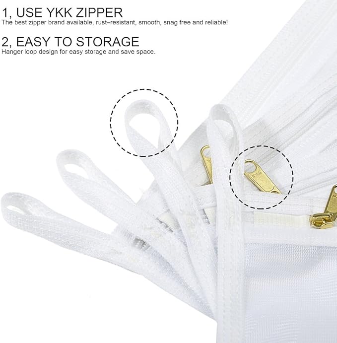 TENRAI Delicates Laundry Bags, Bra Fine Mesh Wash Bag for Underwear, Lingerie, Bra, Pantyhose, Socks, Use YKK Zipper, Have Hanger Loops (White, 1 Large & 1 Medium)