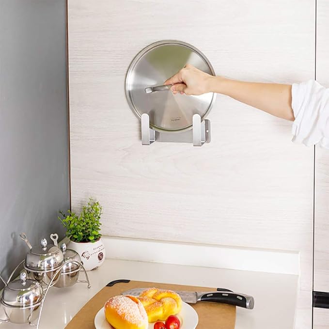 Pot Lid Rack, Wall Mounted 304 Stainless Steel Pan Lid Organizer Holder, Self Adhesive, Kitchen Cooking Utensil Tool (Silver)
