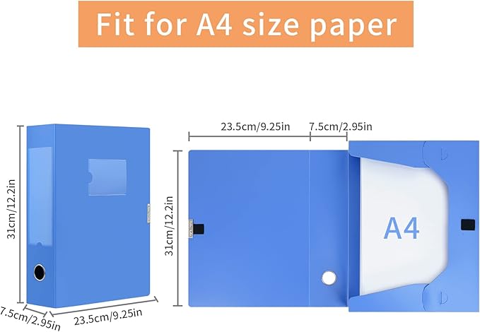 HUA JIE A4 Storage File Boxes Plastic Archives Cases with Lid, File Folder Organizer Document Filing Box for office,31×7.5×23.5 cm, Blue(Pack of 4)