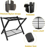 mocomax 1 Pack Folding Luggage Rack for Guest Room, Foldable Suitcase Stand Holder with Metal Storage Shelf for Bedroom, Living Room, Hotel Essentials, Heavy Duty Steel Frame, Black