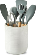 HASENSE Large Utensil Holder, 7.4" x 6.2" Ceramic Utensil Holder for Kitchen Counter, Utensil Oganizer for Utensil Set, Farmhouse Cooking Utensil Crock for Kitchen Decor, Clay-Infused White