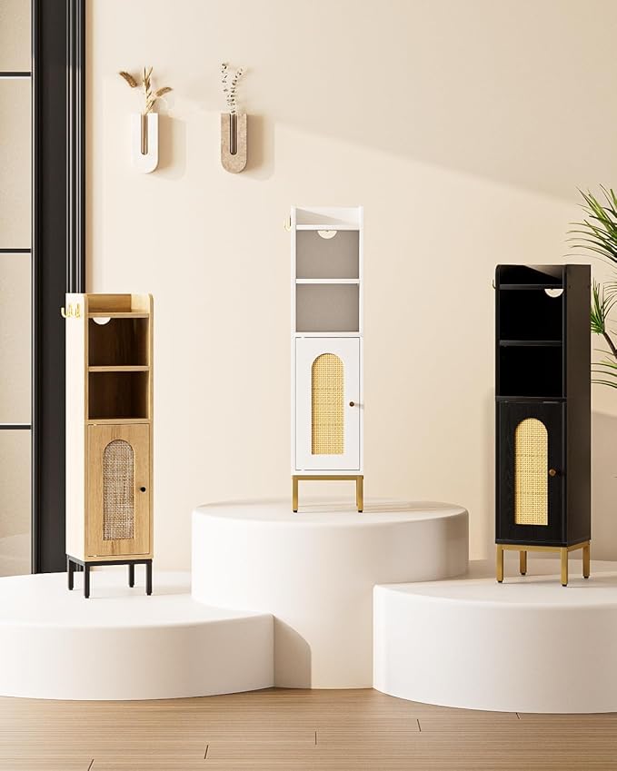 Bathroom Storage Cabinet, Small Corner Floor Hutch with Door and Shelves, Narrow Toilet Paper Cabinet, Bathroom Organizer with Adjustable Shelf, for Small Spaces (Classic-Rattan, White)