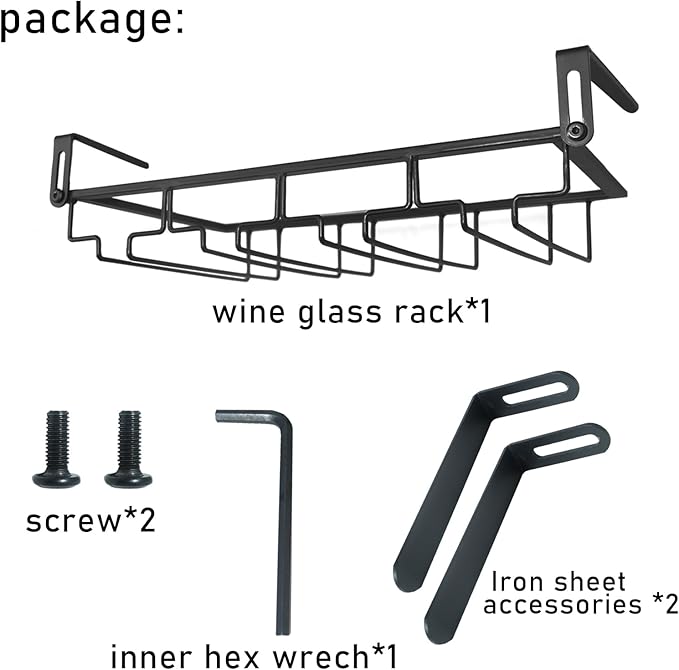 Adjustable Under Cabinet Stemware Holder - Metal Wine Glass Hanger Organizer for Kitchen, Bar, Shelf - Rustproof Hanging Storage Rack for 6-8 Glasses - Space Saving Decor (Black, 4 Rows)
