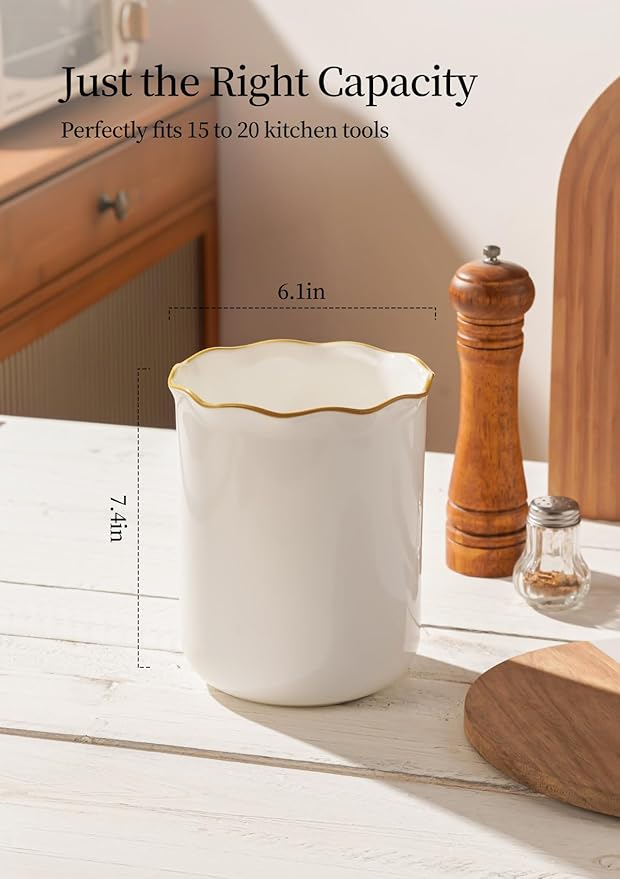 Onniyor Ceramic Kitchen Utensil Holder for Countertop, 7.4 Inch Large Cooking Utensil Crock for Spatulas, Spoons & Tools, Modern Farmhouse Organizer, Multi-Purpose Counter Decor, Easy to Clean, White