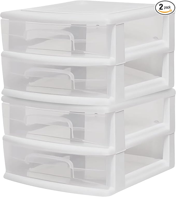 HOMZ 2-Pack 2-Drawer Storage Cart, Clear Plastic Drawers, 14.25" Wide Medium, White Frame - Organizing Drawer Containers for Home, Bathroom, Bedroom, Office, and Classroom