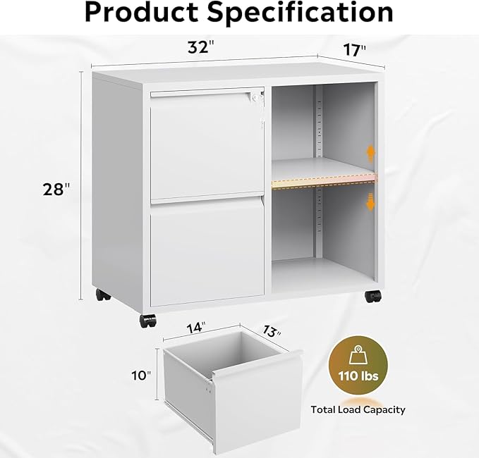 DEVAISE Lateral File Cabinet, 2 Drawer Filing Cabinets with Lock & Wheels Fits Letter/A4 Size for Home Office, Printer Stand with Adjustable Shelf (Metal, White)