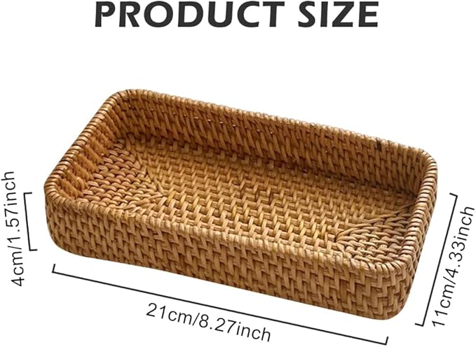 8in Rattan Bathroom Vanity Tray, Vintage Storage Basket Bin Toilet Paper Basket Small Narrow Guest Towel Napkin Holder for Bathroom Toilet Tank Vanity Countertop(Color:Brown)