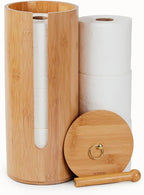 Gobam Bamboo Toilet Paper Storage with Dual-Use Lid, Freestanding Bathroom Tissue Organizer with Viewing Slot, Built-In Handle, Anti-Slip Base, Compact Toilet Paper Holder Stand for up to 3 Mega Rolls