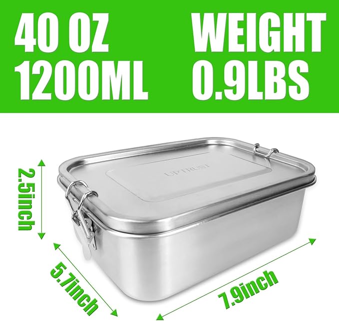 UPTRUST Leak Proof Stainless Steel Lunch Food Container, 1200ML/40oz Large Bento Boxes Metal Lunch Box for Kids or Adults - Lockable Clips Adjustable Divider included
