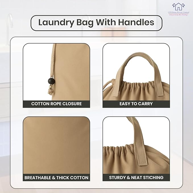 LFH Home Large Premium Cotton Canvas Laundry Bag with Drawstring and Handles Heavy Duty, Multi-Use, and Washable for Home, Travel, College or Storage 20x30 (Pack of 4)-Beige