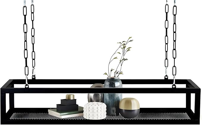 Ceiling Mounted Metal Iron Wine Shelf with Chain for Hanging Plants and Flowers Decorative Display Storage Rack for Restaurant Kitchen Bar 60x25x15cm