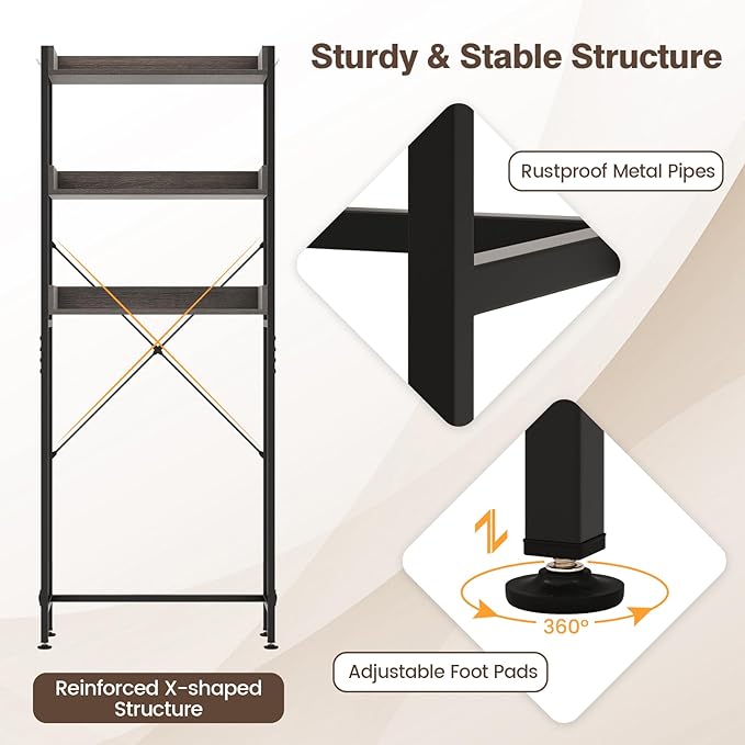 Giantex Over The Toilet Storage Shelf, 3-Tier Freestanding Space Saver Above Toilet with 4 Hooks, Adjustable Bottom Bar, Over Toilet Bathroom Organizer for Restroom, Laundry, Easy Assembly