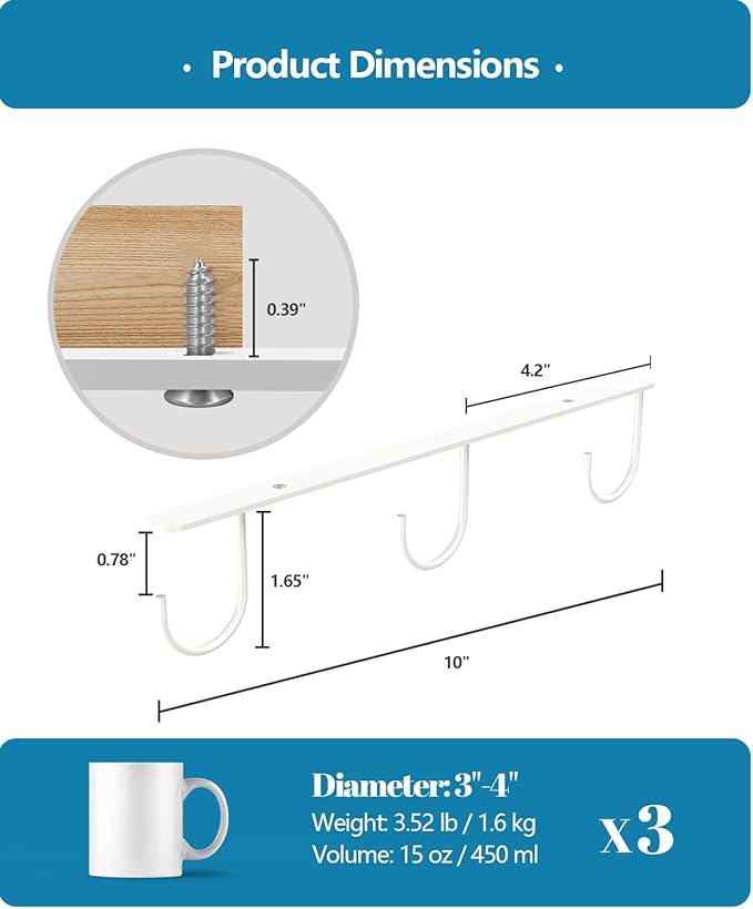 3 Pack Mug Hooks Under Cabinet, Coffee Mug Holder for Hanging Under Shelf, Cup Hanger with 9 Hooks for Displaying Mugs, Coffee Cups and Kitchen Utensils, White