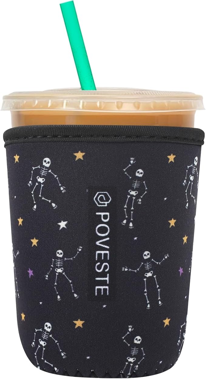 Reusable Neoprene Insulator Sleeve for Iced Coffee & Cold Soda, Coffee Sleeves for Iced & Hot Drinks, Cold Beverage Cooler Compatible with Starbucks, Dunkin (Dance Skull, Small: 16-18oz)