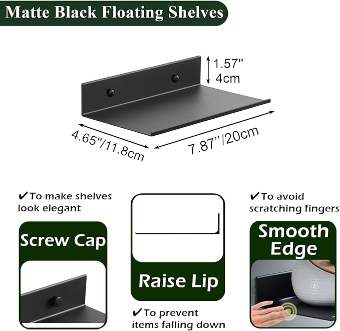 Z metnal Small Floating Shelves for Wall, 8-Inch Modern Aluminum Metal Display Shelf, Rustproof Minimalist Decor Wall Shelf for Bathroom, Bedroom & Office, No-Drill & Screw Mount, Matte Black, 2-Pack