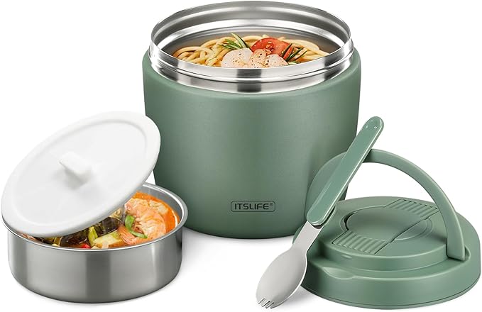 Soup Thermo for Hot Food Insulated Food Jar 32oz, Vacuum Insulated Stainless Steel Lunch Container - Wide Mouth Thermo for Soup & Food, Insulated lunch box Leakproof Bento Box with Spoon (Green)
