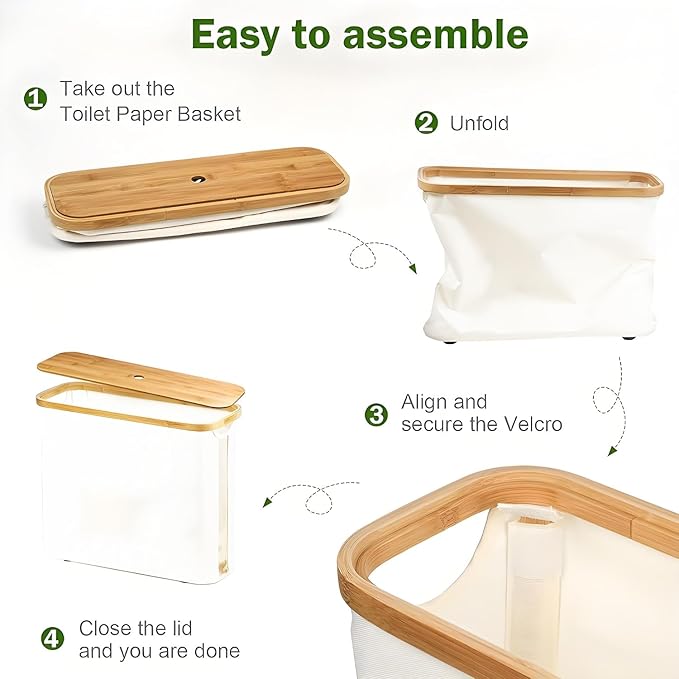 Toilet Paper Storage Cabinet with Bamboo Lid, Holds Up to 12 Rolls, Waterproof Lightweight Toilet Roll Organizer with 3-Minute Assembly, Spacious Bathroom Storage Bin for Toiletries (White)