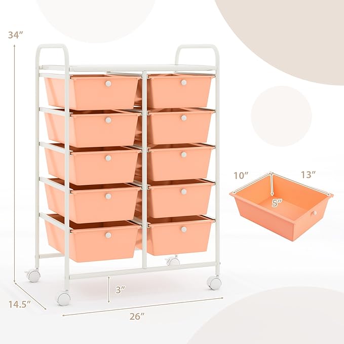 RELAX4LIFE 10-Drawer Rolling Storage Cart - Mobile Craft Art Supply Storage Organizer for Tool Scrapbook Paper Salon, Office School Classroom Teacher Rolling Cart with Drawers, Utility Cart on Wheels