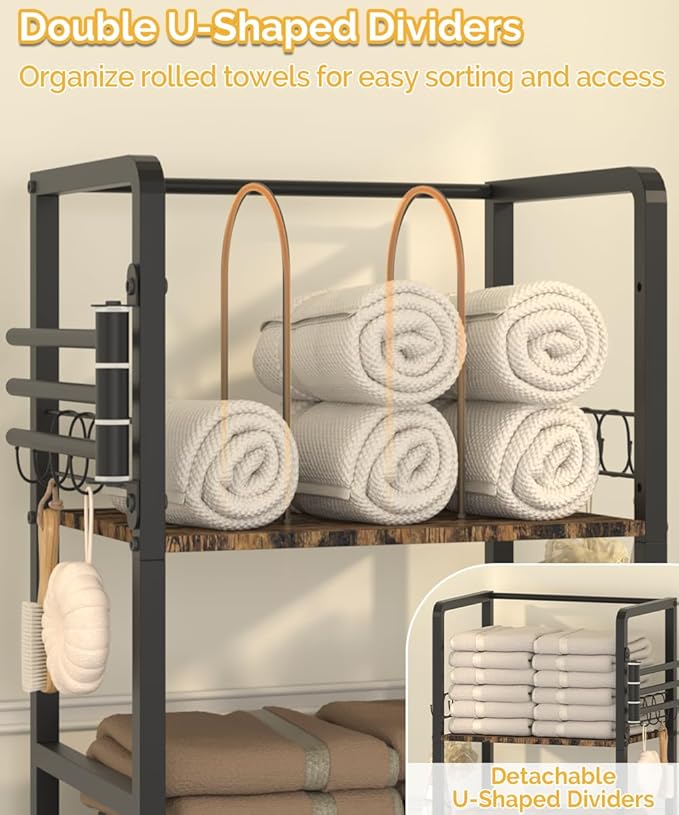 Free Standing Towel Racks for Bathroom with 3 Rotating Bars, 3-Tier Floor Towels Holder Stand with Detachable Dividers, Pool Towel Storage Organizer with 8 S-Hooks for Home, Poolside, Black