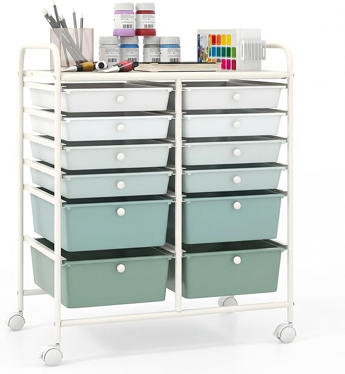Giantex 12 Drawers Rolling Storage Cart, Classroom Organizers with Wheels for Tools Scrapbook Craft Paper Teacher Office School Supplies, Green Gradient