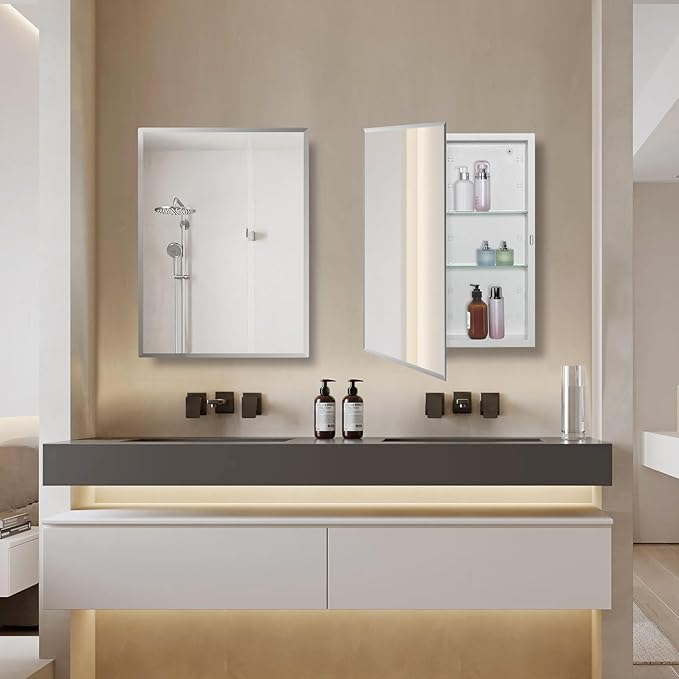 Bathroom Medicine Cabinet with Beveled Edge Mirrored Door 15 x 24 inch, Recessed or Surface Mount, with Adjustable Glass Shelves