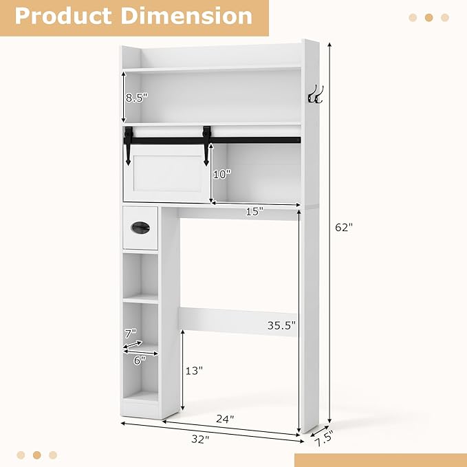 Giantex Over The Toilet Storage Cabinet, Farmhouse Space Saver with Sliding Door, Toilet Paper Holder, Side Hooks & Adjustable Shelves, Over Toilet Bathroom Organizer for Laundry, Restroom (White)