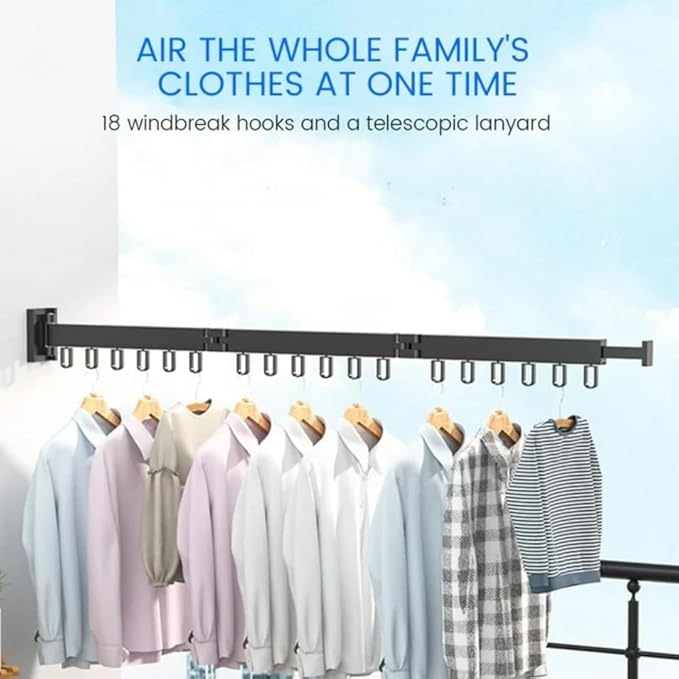 Clothes Drying Rack Wall Mounted Retractable, Aluminum Collapsible Laundry Organizer, Space-Saver Hanger Holds Quilts for Bedroom Bathroom Balcony (Black)