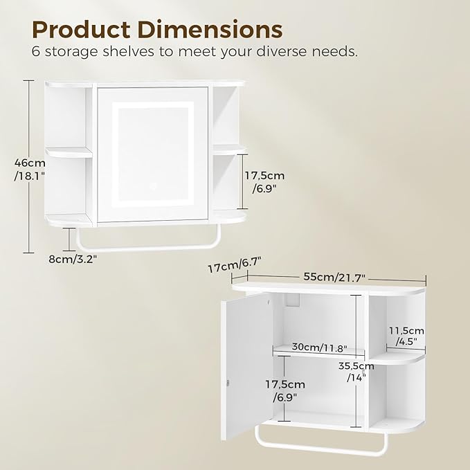 Bathroom Wall Cabinet with Mirror, Mirrored Medicine Cabinet with 3 Colors LED Light and 4 Open Shelves, Wall Mounted Over Toilet Storage Cabinets with Adjustable Shelf, 21.7"L x 6.7"W x 18.1"H, White