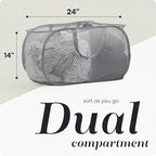 Foldable Laundry Basket - Popup and Collapsible, Durable Mesh Material, Folds for Storage, Easy Carry Handles - Great Hamper for College Dorm, Laundry Room or Travel (Black, 2-Compartments)