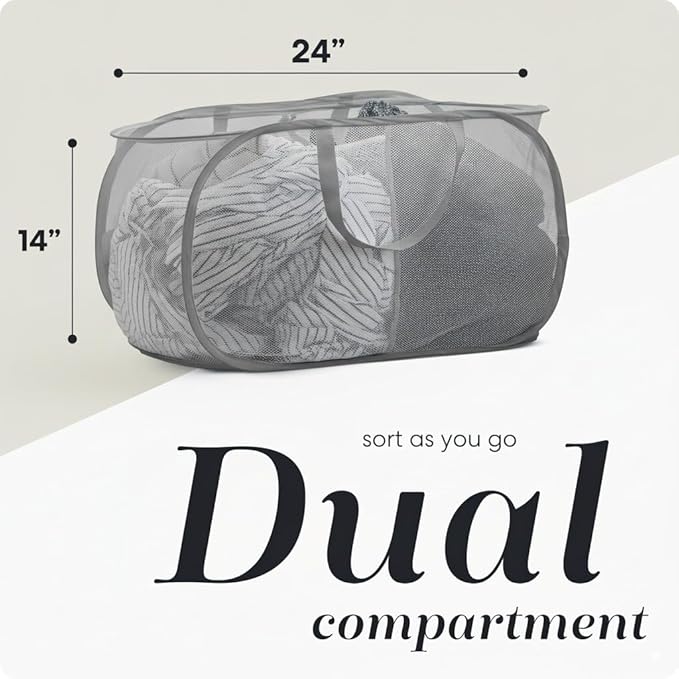 Handy Laundry Collapsible Laundry Basket, 2-Compartment Mesh Pop Up Hamper with Handles – Foldable, Space-Saving Dirty Clothes Organizer for Dorm, Travel, Laundry Room, Grey