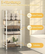 Free Standing Towel Racks for Bathroom with U-Shaped Detachable Dividers, 3-Tier Floor Towels Holder Stand with Shelf & 8 S-Hooks, Metal Pool Towel Storage Organizer for Home, Poolside, White