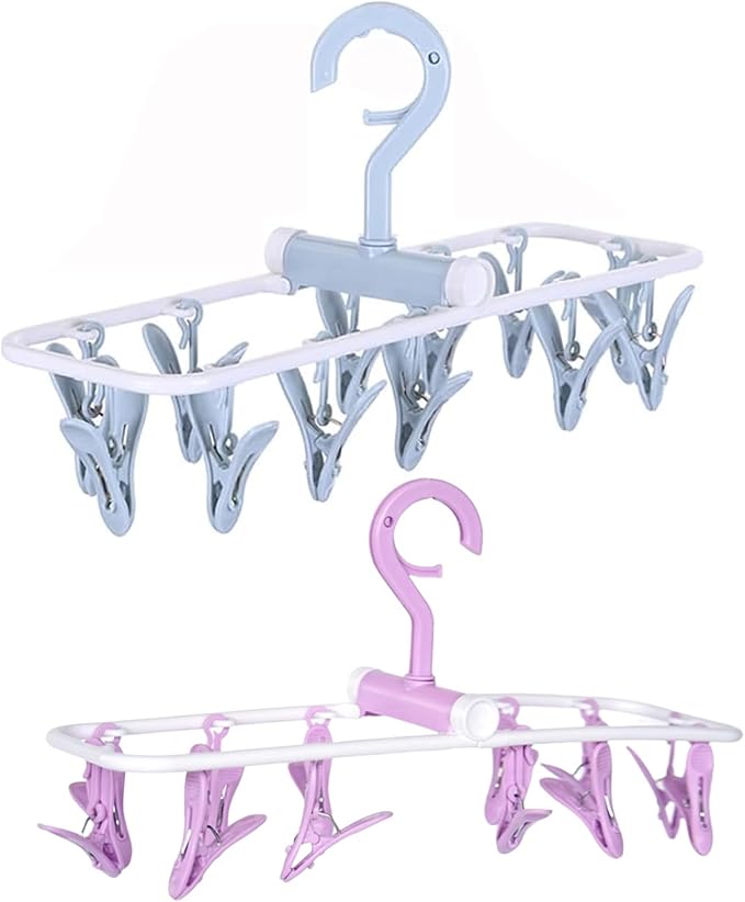 2 Pack Clothes Drying Rack, Laundry Drying Rack with 12 Clips, 360° Rotatable Hook Windproof Sock Hanger, Small Foldable Portable Hangers for Drying Bras Underwear Baby Clothes Gloves