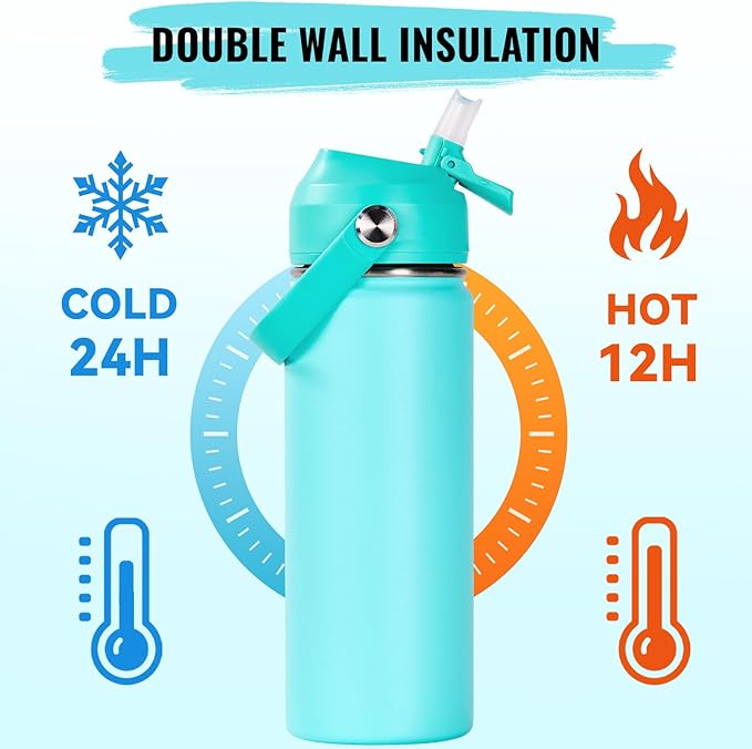 18oz Insulated Stainless Steel Water Bottle, Wide Mouth Double Wall Vacuum, Silicone Straw, Sweat & Leak Proof, BPA Free Insulated Water Flask for Travel, Keep Cold 24h Hot 12h, Sky