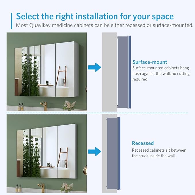 Quavikey Medicine Cabinet with Mirror, Aluminum 3 Doors Recessed or Surface Mount Large Bathroom Mirrored Cabinets 36x26 Inch, Silver
