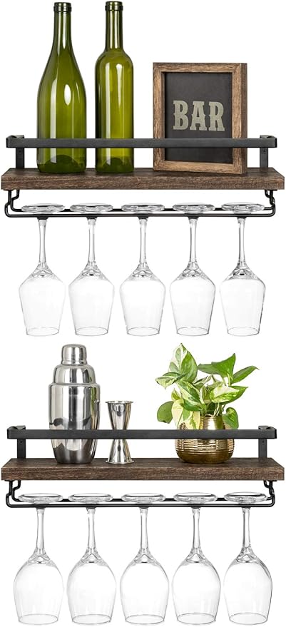 Mkono Wall Mounted Wine Rack Set of 2 Wood Rustic Wine Bottle Glass Floating Shelves with Stemware Hanger Modern Plants Photos Wine Display Storage Holder for Kitchen Dining Room Bar, 17 Inch