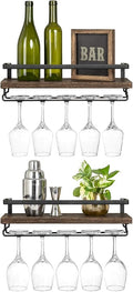 Mkono Wall Mounted Wine Rack Set of 2 Wood Rustic Wine Bottle Glass Floating Shelves with Stemware Hanger Modern Plants Photos Wine Display Storage Holder for Kitchen Dining Room Bar, 17 Inch