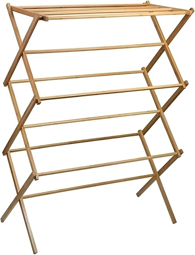 Collapsible Bamboo Drying Rack – Foldable Laundry Drying Stand for Indoor/Outdoor Use – Space-Saving Clothes Rack for Towels, Blankets & Delicates