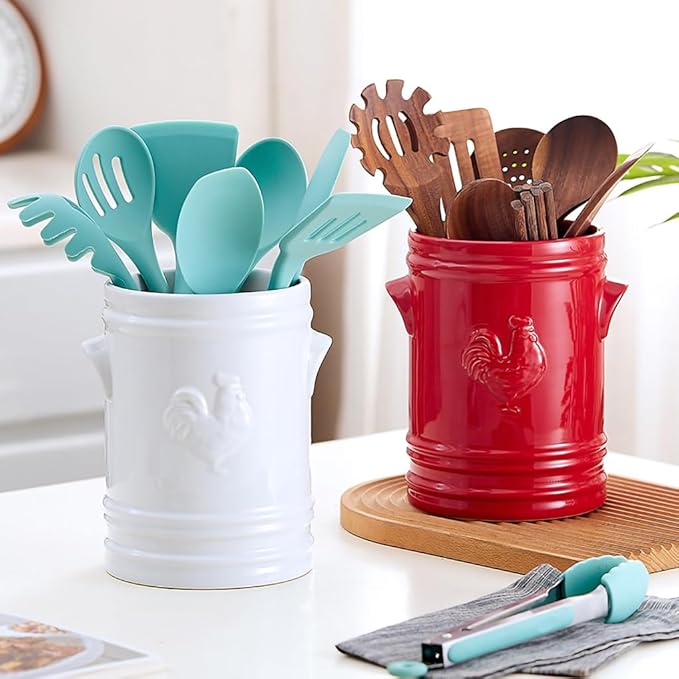 WAIT FLY Embossed Rooster Porcelain Kitchen Utensil Holder Flatware Storage Organizer Utensil Crock for Countertop Kitchen Counter Decor-White