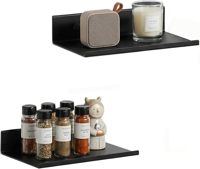 Z metnal Small Floating Shelves for Wall, 8-Inch Modern Aluminum Metal Display Shelf, Rustproof Minimalist Decor Wall Shelf for Bathroom, Bedroom & Office, No-Drill & Screw Mount, Matte Black, 2-Pack