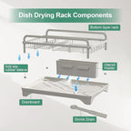 Dish Drying Rack,Dish Racks for Kitchen Counter,Metal Dish Drainer with Adjustable Drainage Spout,Removable Knife and Fork Holder (Grey)