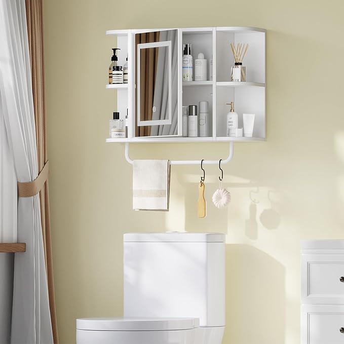 Bathroom Wall Cabinet with Mirror, Mirrored Medicine Cabinet with 3 Colors LED Light and 4 Open Shelves, Wall Mounted Over Toilet Storage Cabinets with Adjustable Shelf, 21.7"L x 6.7"W x 18.1"H, White