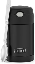 THERMOS FUNTAINER Insulated Stainless Steel Food Jar, 16 Ounce, Kids Lunch with Foldable Spoon, Push-Button Lid, Matte Black