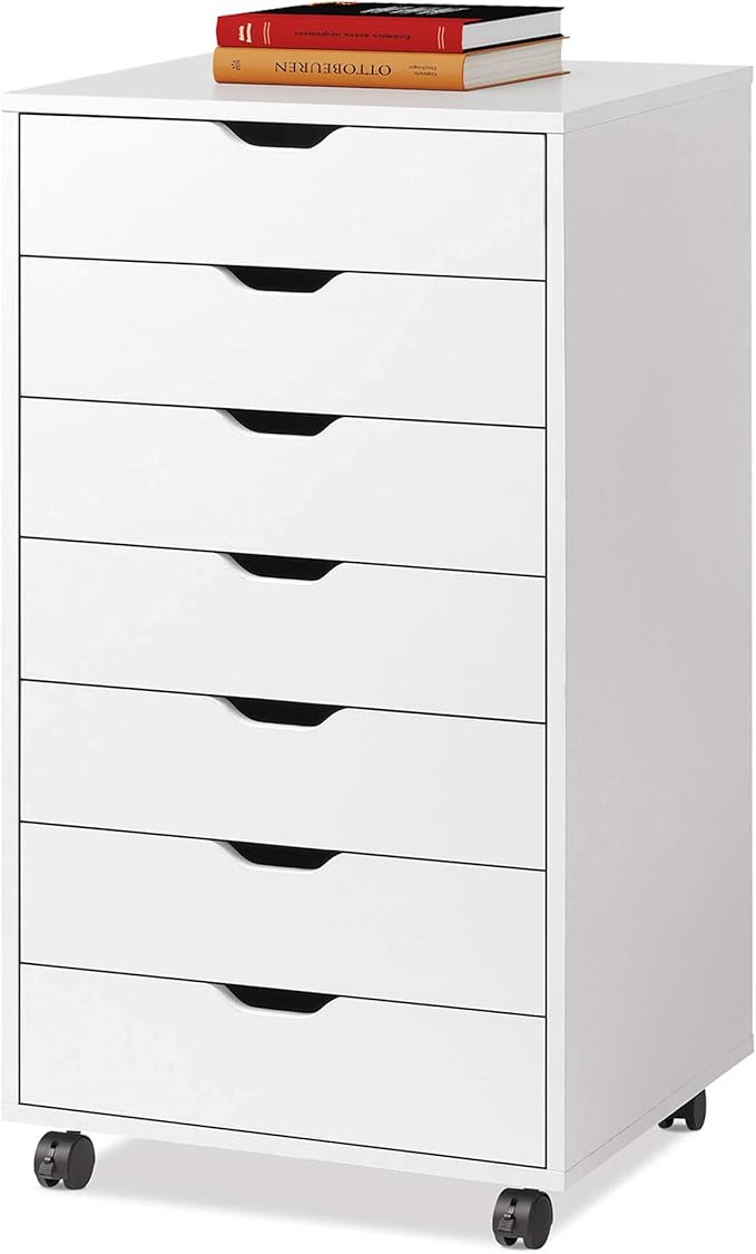 DEVAISE 7-Drawer Chest, Wood Storage Drawer File Cabinet with Wheels, White
