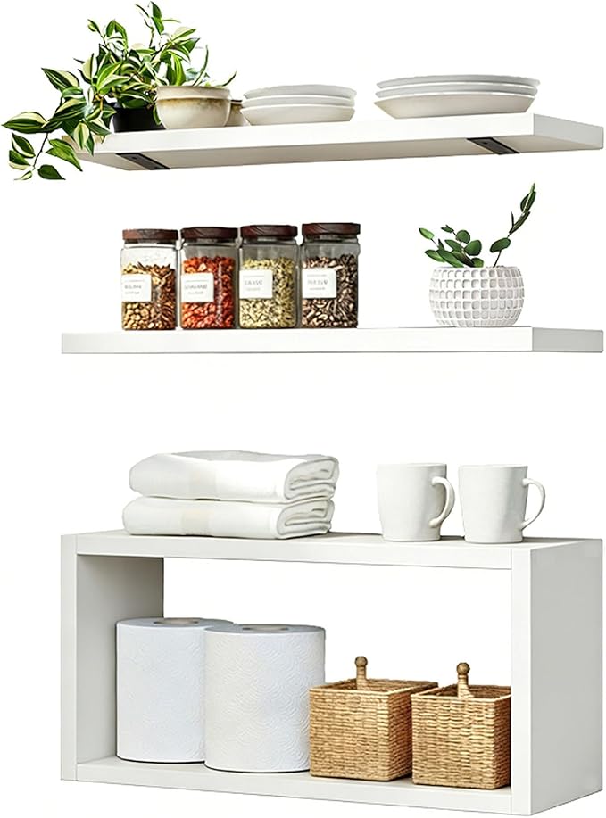 Wall Mounted Floating Shelf, c Long for Bedroom Living Room Kitchen Staircase Bathroom Above Toilet Wall Decoration Book Storage Room Recoration (3piece Set) White
