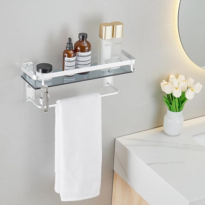 VOLPONE Glass Bathroom Shelf 15.7 in Bathroom Wall Shelf with Towel Holder Tempered Glass Shelf Wall Mount with 2 Removable Hooks Silver（1 Tier）